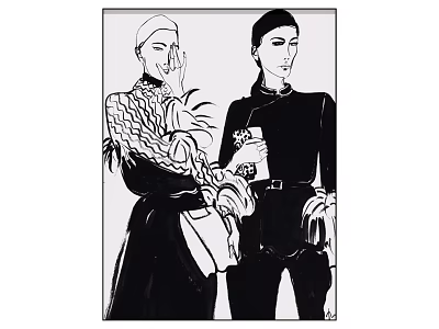 Black and White Illustration of Two People in Traditional Attire with Accessories 3d model