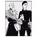 Black and White Illustration of Two People in Traditional Attire with Accessories
