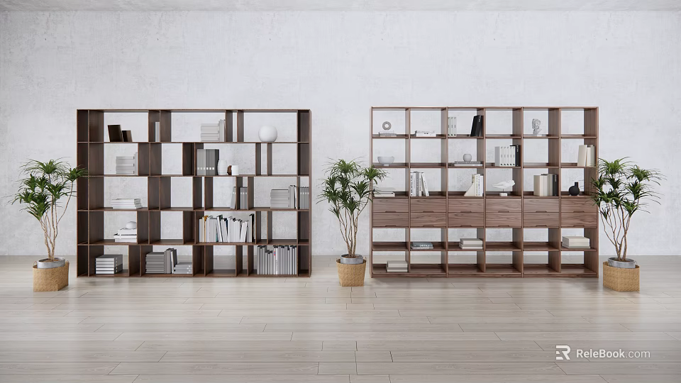 Open Shelf Bookcases With Books Decorations And Plant In Home Interior Wooden Floor 3d model 