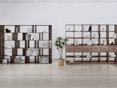 Open Shelf Bookcases With Books Decorations And Plant In Home Interior Wooden Floor 3d model