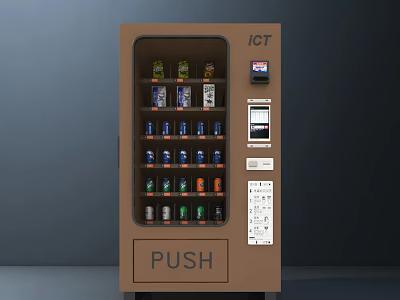 Brown ICT Vending Machine With Push Button Coin Slot And Beverages 3d model