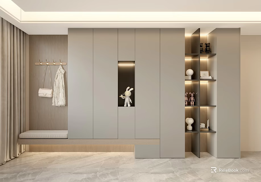 Modern Shoe Cabinet with Hanging Area Bench Open Shelves and Decorative Lighting 3d model 