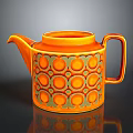 Orange Decorative Teapot With Circular Green Patterns For Home Kitchen Use