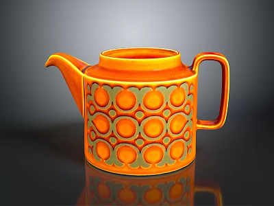 Orange Decorative Teapot With Circular Green Patterns For Home Kitchen Use 3d model