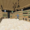 Beverage Shop Interior With Shelves Bottles Wooden Ceiling Pendant Lights And Marble Floor