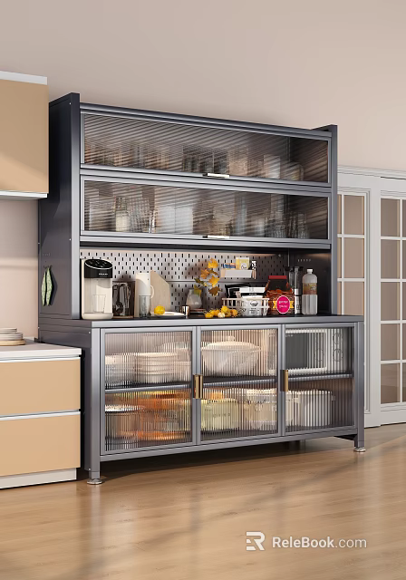 Modern Kitchen Sideboard With Transparent Glass Doors And Ample Storage Space For Kitchen Supplies 3d model 