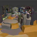 Low Poly Cartoon Scene With Rock Formations Plants And Yellow Elements