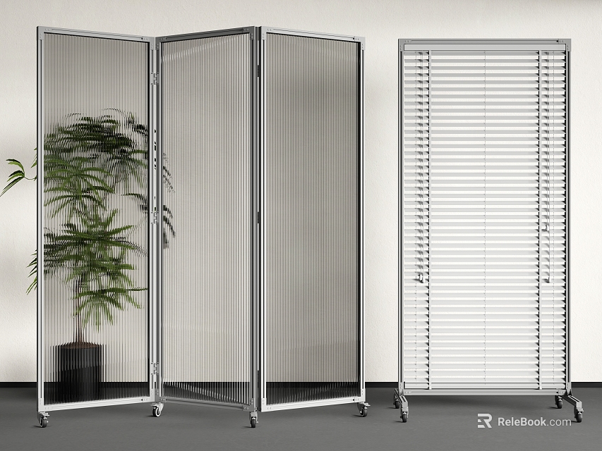 Folding Room Divider With Transparent Panels And Casters In Modern Design With Green Plant 3d model 