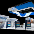 ET Logo Exhibition Booth With Blue White Design Tables Chairs And Green Plant