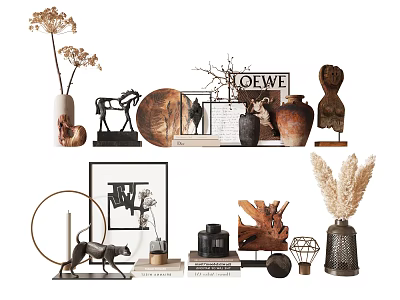 Stylish Decorative Ornament Set with Vases Animal Figurines Dried Flowers Wooden Metal Decor and Decorative Frames 3d model