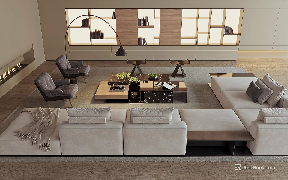 Modern Minimalist Living Room Sofa Coffee Table Set With Light Colored Cushions Floor Lamp And Bookshelves 3d model 