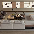 Modern Minimalist Living Room Sofa Coffee Table Set With Light Colored Cushions Floor Lamp And Bookshelves