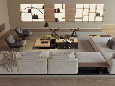 Modern Minimalist Living Room Sofa Coffee Table Set With Light Colored Cushions Floor Lamp And Bookshelves 3d model