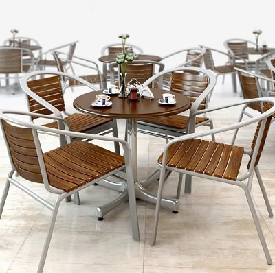 Modern Round Wooden Dining Table Set With Metal Frame Chairs And Tabletop Decor 3d model