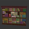 Classic Wooden Bookcase With Multiple Shelves Colorful Books Yellow Drawers And Decorative Items