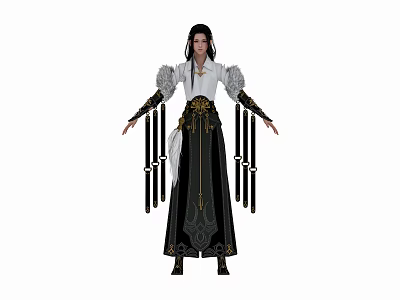 Traditional Female Character In White Top And Black Skirt With Gold Decorative Accents 3d model