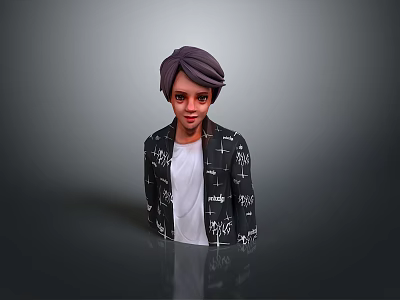 A Man With Purple Hair Wearing Black Jacket And White T Shirt On Gray Background 3d model