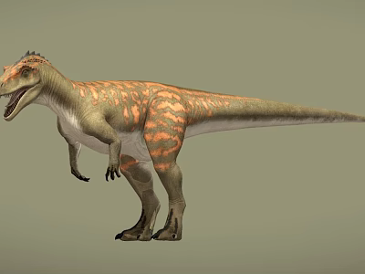 Realistic Large Carnivorous Dinosaur With Orange Green Stripes Open Mouth Standing 3d model