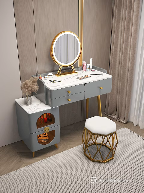 Elegant Gray Dressing Table With Round Gold Mirror Marble Top And Stool 3d model 