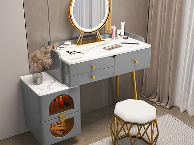Elegant Gray Dressing Table With Round Gold Mirror Marble Top And Stool 3d model