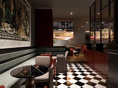 Stylish Bar Interior With Booth Seating Black And White Checkered Floor And Vintage Posters 3d model