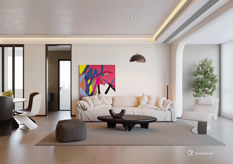 Modern Open Living Dining Area With White Sofa Colorful Painting Floor Lamp And Coffee Table 3d model 