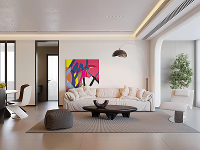 Modern Open Living Dining Area With White Sofa Colorful Painting Floor Lamp And Coffee Table 3d model