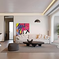 Modern Open Living Dining Area With White Sofa Colorful Painting Floor Lamp And Coffee Table