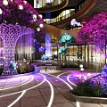 Enchanting Evening Space With Purple Lit Trees Colorful Lanterns And Architectural Structures
