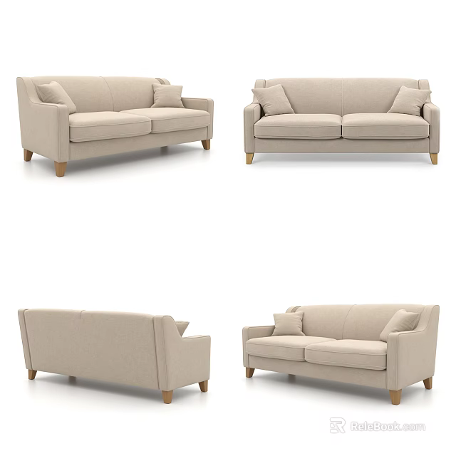 Light Colored Two Seater Sofa With Wooden Legs And Cushions From Multiple Angles 3d model