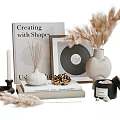 Decorative Ornament Set With Books Vase Pampas Grass Reed Diffuser Vinyl Record And Pine Cones