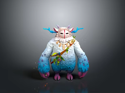 Furry Fantasy Creature Design With White Fur Blue Antlers Pink Paws And Glowing Spots 3d model