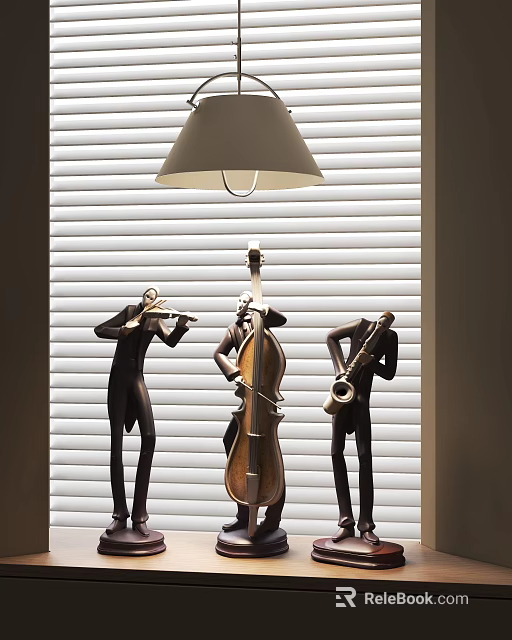 Decorative Ornament Set Featuring Three Black Musical Figurines Playing Violin Cello Saxophone With White Blinds 3d model 