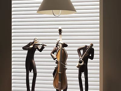Decorative Ornament Set Featuring Three Black Musical Figurines Playing Violin Cello Saxophone With White Blinds 3d model