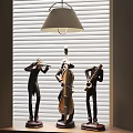 Decorative Ornament Set Featuring Three Black Musical Figurines Playing Violin Cello Saxophone With White Blinds