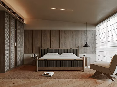 Minimalist Bedroom Interior Design With Wooden Wall Large Bed And Floor to Ceiling Blinds 3d model