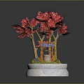 Miniature Garden Ornament Featuring Red Trees Small Pavilion And White Base Decoration