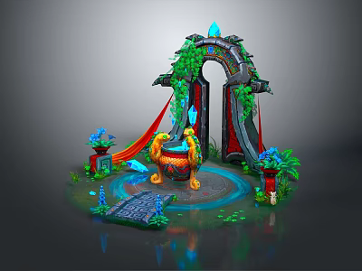 Ornate Scene Structure Adorned With Vines Archway Flame Decor And Lotus Plants 3d model