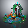 Ornate Scene Structure Adorned With Vines Archway Flame Decor And Lotus Plants