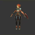 Futuristic Game And Movie Character With Red Hair Blue Red Armor Clawed Hands Standing Pose