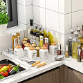Organized Spice Bottles And Condiment Containers On Kitchen Counter With White Tile Wall