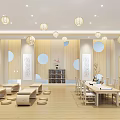 School Classroom With Wooden Tables Chairs Bookshelves Decorative Paintings And Hanging Lanterns
