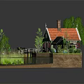 Cartoon Scene Featuring Green House With Red Roof Weeping Willow Small Bridge And Pond