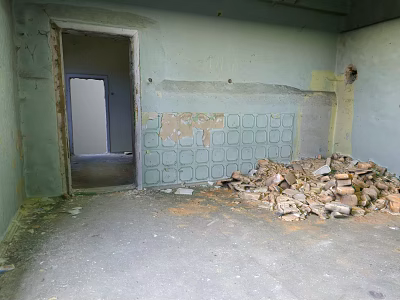 Unfinished Room Interior With Peeling Walls Tile Wall And Construction Debris 3d model