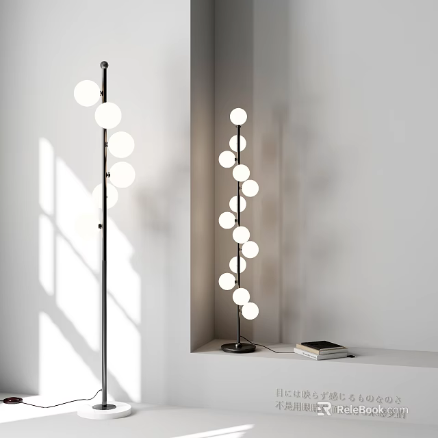 Modern Floor Lamp With Multiple Spherical Bulbs In White Wall Corner Beside Books 3d model 