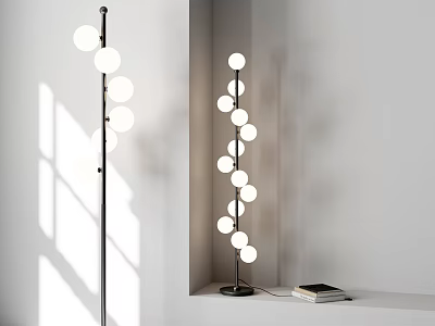 Modern Floor Lamp With Multiple Spherical Bulbs In White Wall Corner Beside Books 3d model