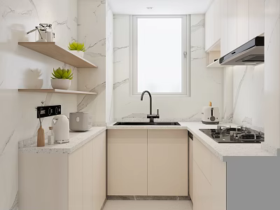 Modern Kitchen Interior With White Cabinets Marble Walls Sink Stove And Window 3d model