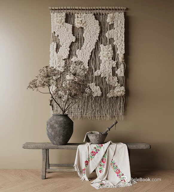 Decorative Ornament Set With Gray Clay Vase Dried Flowers Mortar Embroidered Cloth And Macramé Hanging 3d model 
