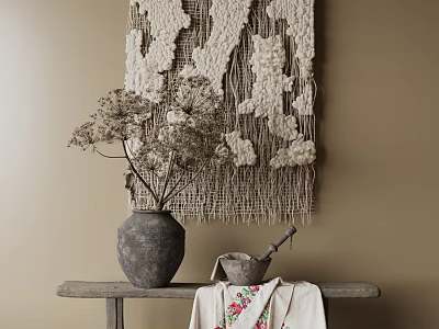 Decorative Ornament Set With Gray Clay Vase Dried Flowers Mortar Embroidered Cloth And Macramé Hanging 3d model