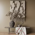 Decorative Ornament Set With Gray Clay Vase Dried Flowers Mortar Embroidered Cloth And Macramé Hanging